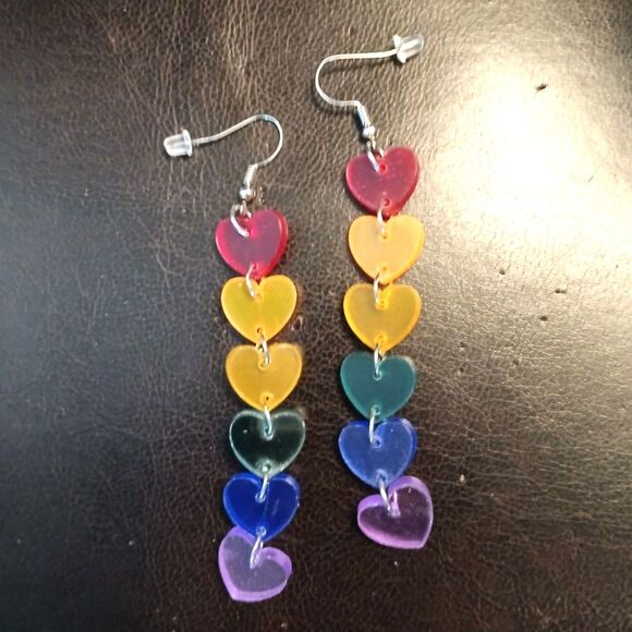 Long Dangle Rainbow Heart Earrings 6 Hearts Colorful - Picture 4 of 6